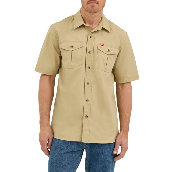 Men's Wrangler Five-Star Heritage Hero Twill Short Sleeve Shirt Size L Khaki - Picture 1 of 3